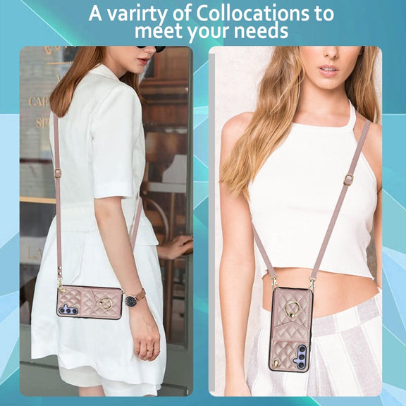 For Samsung Galaxy A54 5G Rhombic Texture Card Bag Phone Case with Long Lanyard(Rose Gold)