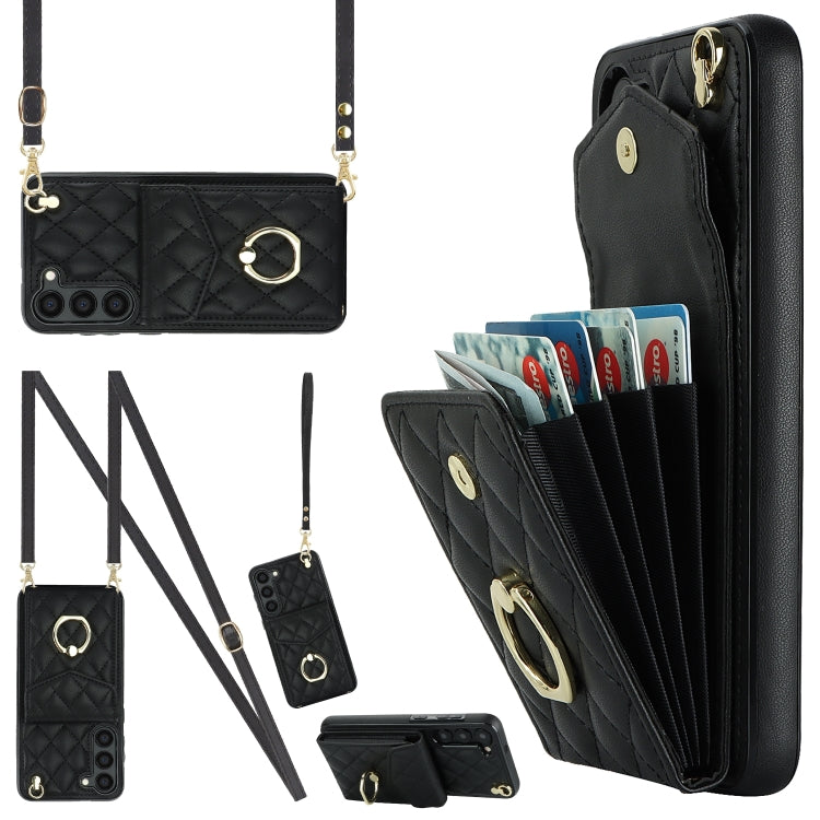 For Samsung Galaxy S24 5G Rhombic Texture Card Bag Phone Case with Long Lanyard(Black)