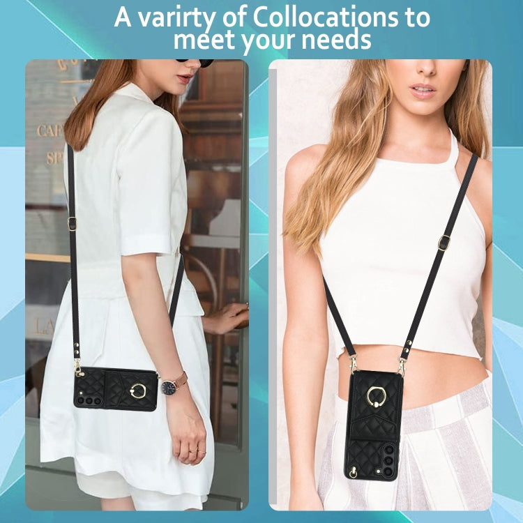 For Samsung Galaxy S24 5G Rhombic Texture Card Bag Phone Case with Long Lanyard(Black)