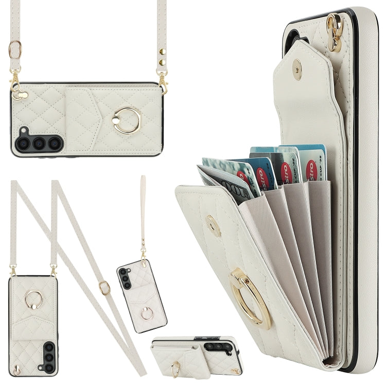 For Samsung Galaxy S24 5G Rhombic Texture Card Bag Phone Case with Long Lanyard(White)