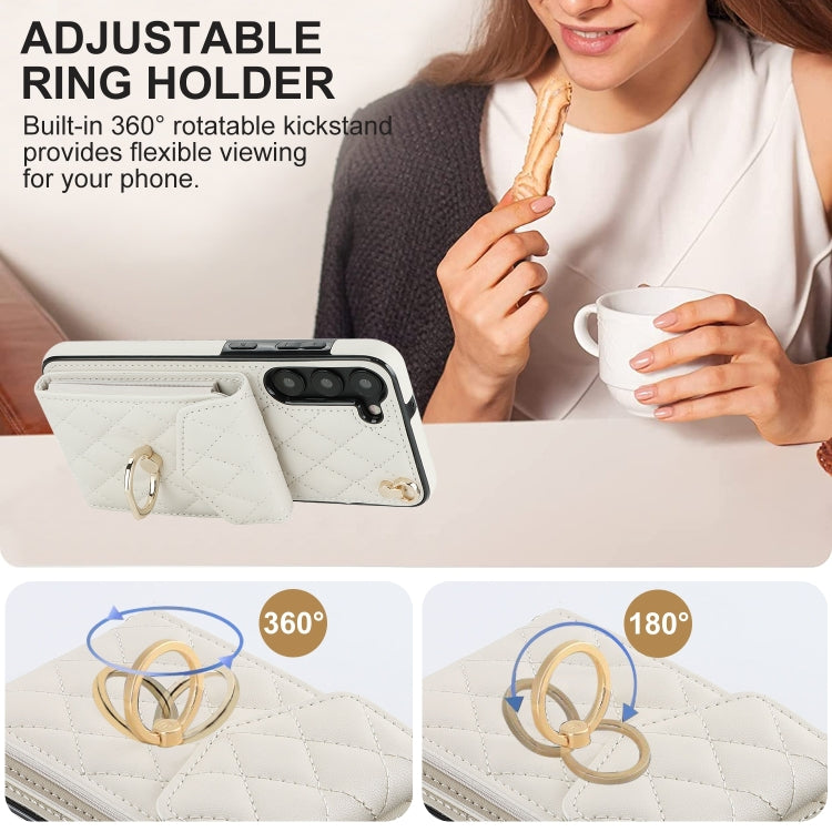 For Samsung Galaxy S24 5G Rhombic Texture Card Bag Phone Case with Long Lanyard(White)