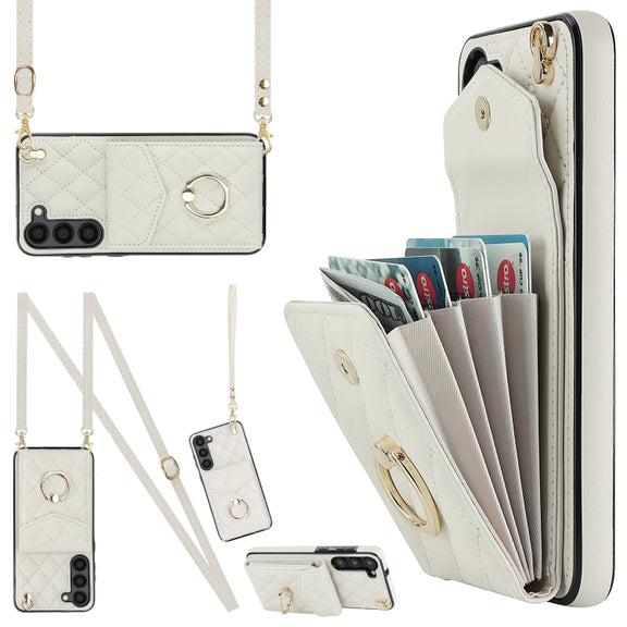 For Samsung Galaxy S24 5G Rhombic Texture Card Bag Phone Case with Long Lanyard(White)