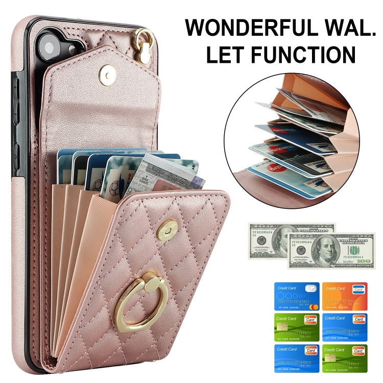 For Samsung Galaxy S24 5G Rhombic Texture Card Bag Phone Case with Long Lanyard(Rose Gold)