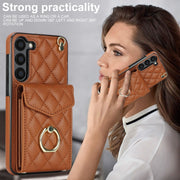 For Samsung Galaxy S24 5G Rhombic Texture Card Bag Phone Case with Long Lanyard(Brown)