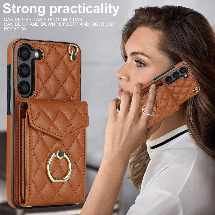 For Samsung Galaxy S24 5G Rhombic Texture Card Bag Phone Case with Long Lanyard(Brown)