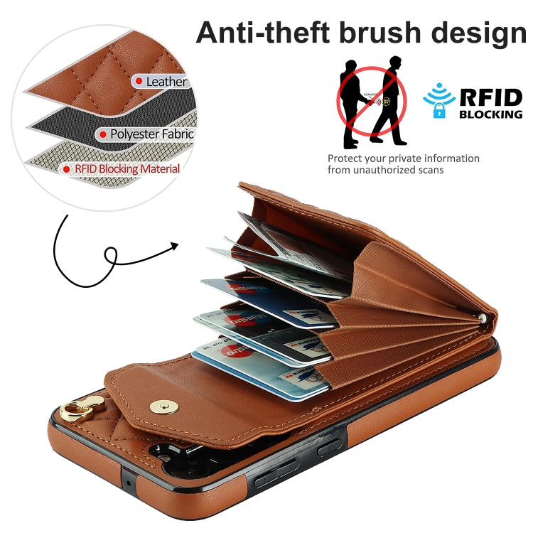 For Samsung Galaxy S24 5G Rhombic Texture Card Bag Phone Case with Long Lanyard(Brown)