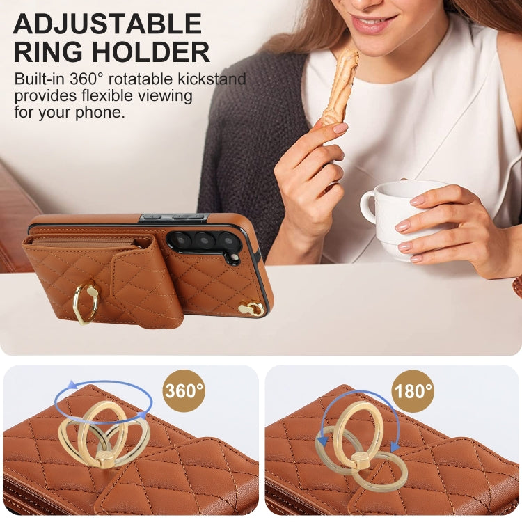 For Samsung Galaxy S24 5G Rhombic Texture Card Bag Phone Case with Long Lanyard(Brown)