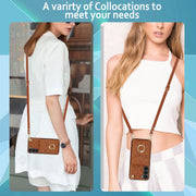 For Samsung Galaxy S24 5G Rhombic Texture Card Bag Phone Case with Long Lanyard(Brown)