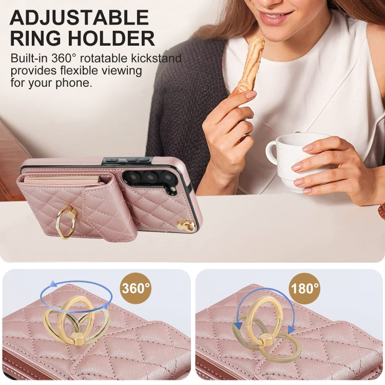 For Samsung Galaxy S24+ 5G Rhombic Texture Card Bag Phone Case with Long Lanyard(Rose Gold)