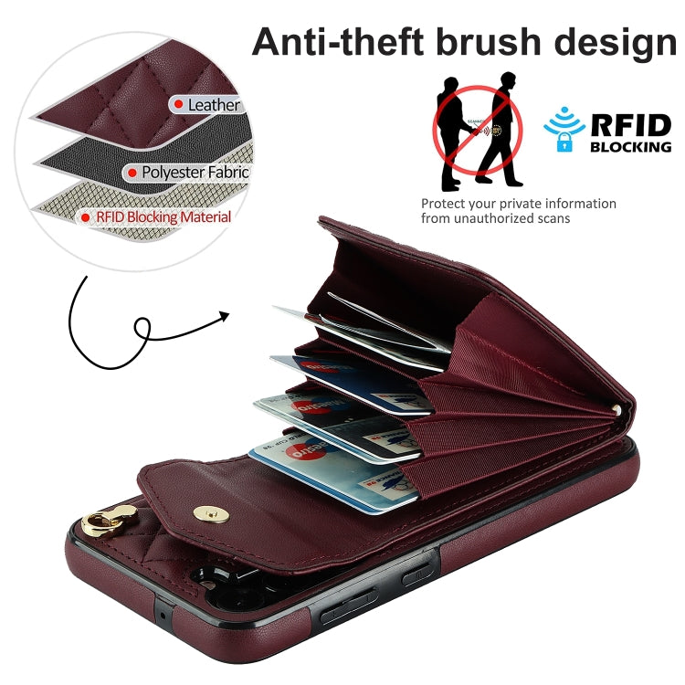 For Samsung Galaxy S24+ 5G Rhombic Texture Card Bag Phone Case with Long Lanyard(Wine Red)