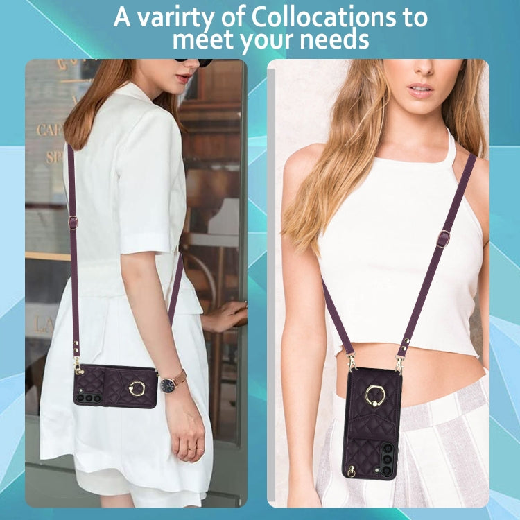 For Samsung Galaxy S24+ 5G Rhombic Texture Card Bag Phone Case with Long Lanyard(Wine Red)