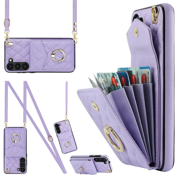 For Samsung Galaxy S24+ 5G Rhombic Texture Card Bag Phone Case with Long Lanyard(Light Purple)