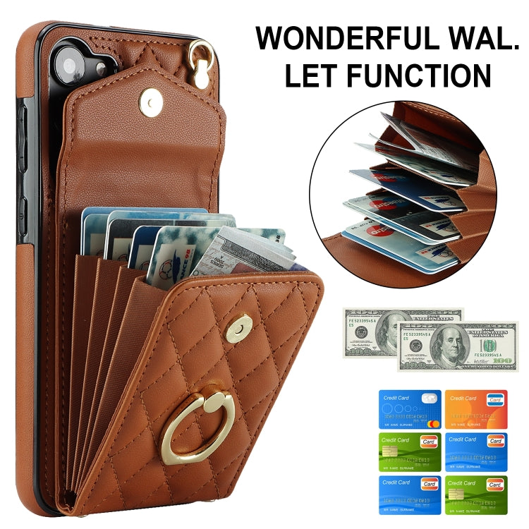 For Samsung Galaxy S24+ 5G Rhombic Texture Card Bag Phone Case with Long Lanyard(Brown)