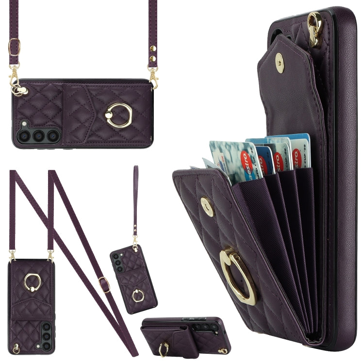 For Samsung Galaxy S24+ 5G Rhombic Texture Card Bag Phone Case with Long Lanyard(Dark Purple)