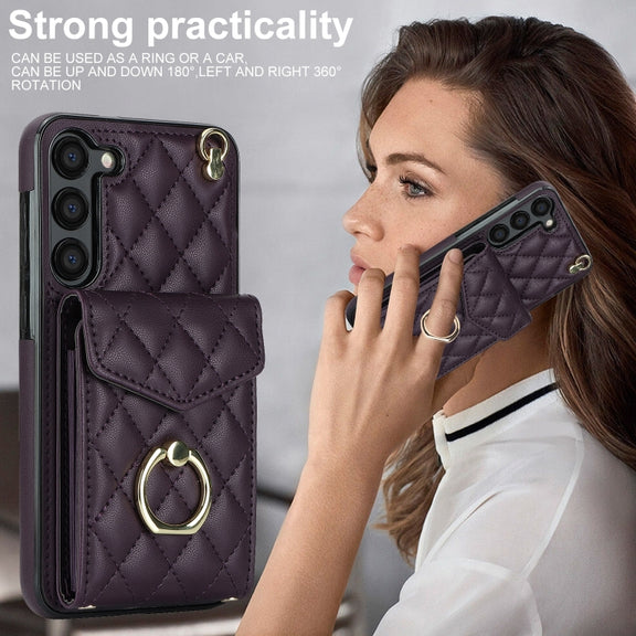 For Samsung Galaxy S24+ 5G Rhombic Texture Card Bag Phone Case with Long Lanyard(Dark Purple)