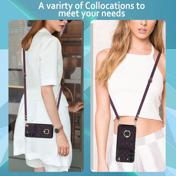 For Samsung Galaxy S24+ 5G Rhombic Texture Card Bag Phone Case with Long Lanyard(Dark Purple)