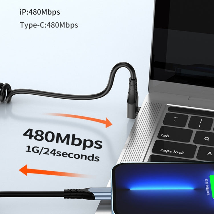 Type-C to 8 Pin Elbow Spring Charging Data Cable, Length: 1.5m(Black)