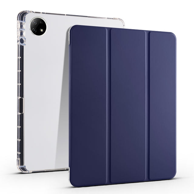 For vivo Pad2 12.1inch 3-folding Transparent TPU Smart Leather Tablet Case with Pen Slot(Dark Blue)