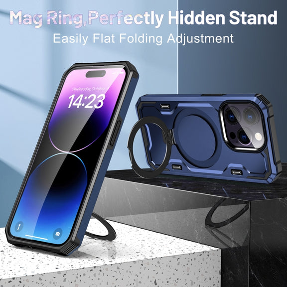 For iPhone 14 Plus Patronus MagSafe Magnetic Holder Phone Case(Navy Blue)