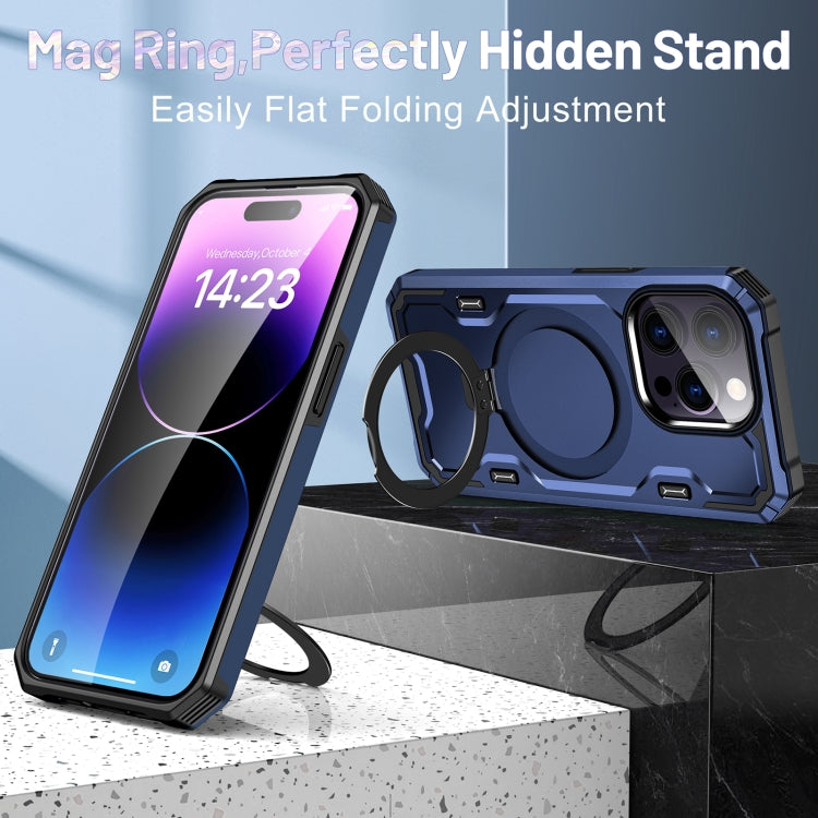 For iPhone 14 Plus Patronus MagSafe Magnetic Holder Phone Case(Navy Blue)