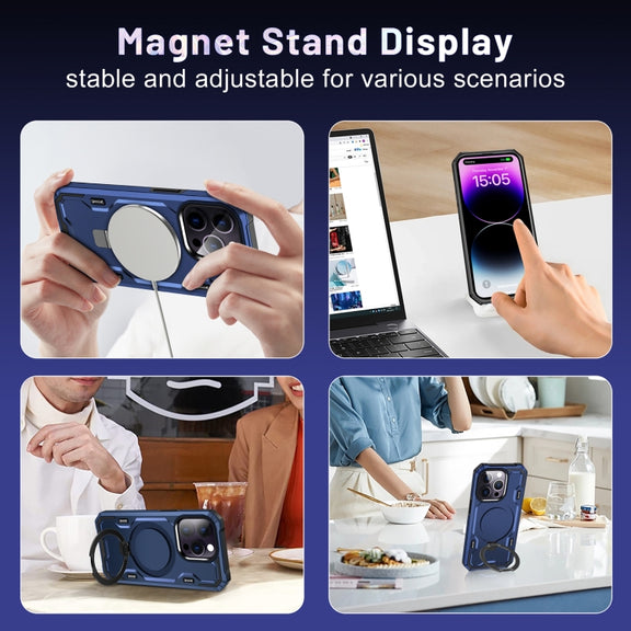For iPhone 14 Plus Patronus MagSafe Magnetic Holder Phone Case(Navy Blue)