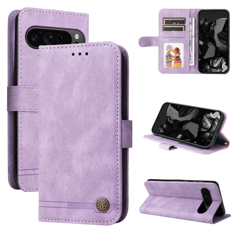 For Google Pixel 9 Pro Skin Feel Life Tree Metal Button Leather Phone Case(Purple)