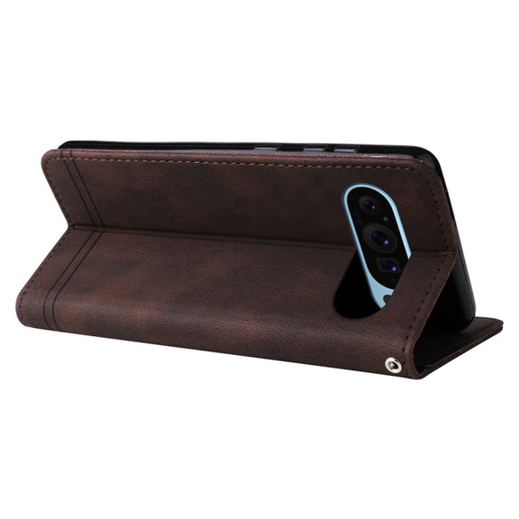 For Google Pixel 9 Skin Feel Life Tree Metal Button Leather Phone Case(Brown)