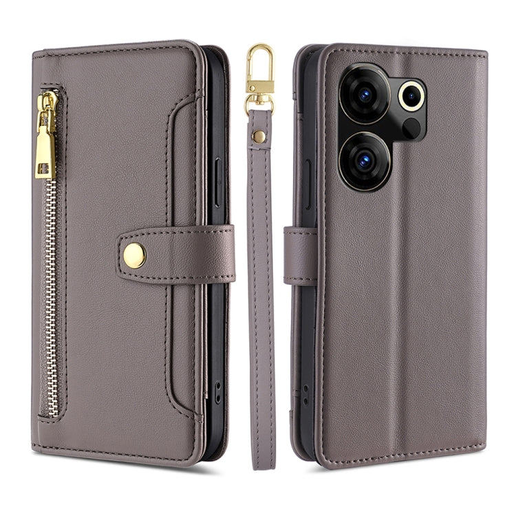 For Tecno Camon 20 Premier 5G Sheep Texture Cross-body Zipper Wallet Leather Phone Case(Grey)