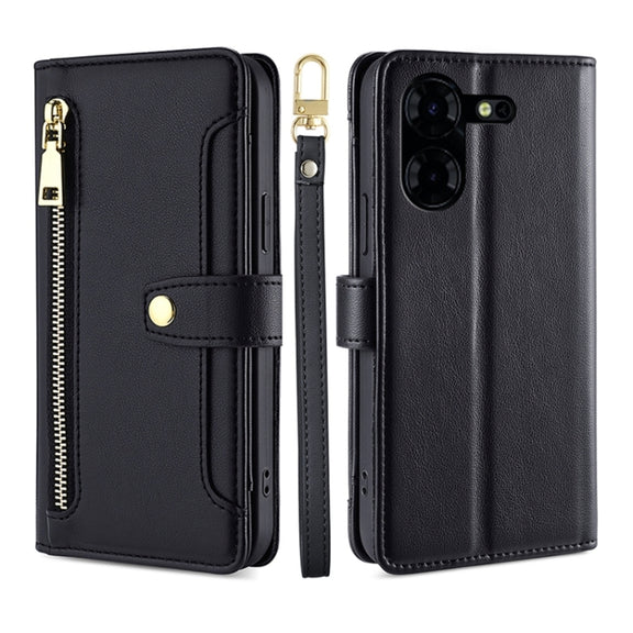 For Tecno Pova 5 Pro Sheep Texture Cross-body Zipper Wallet Leather Phone Case(Black)