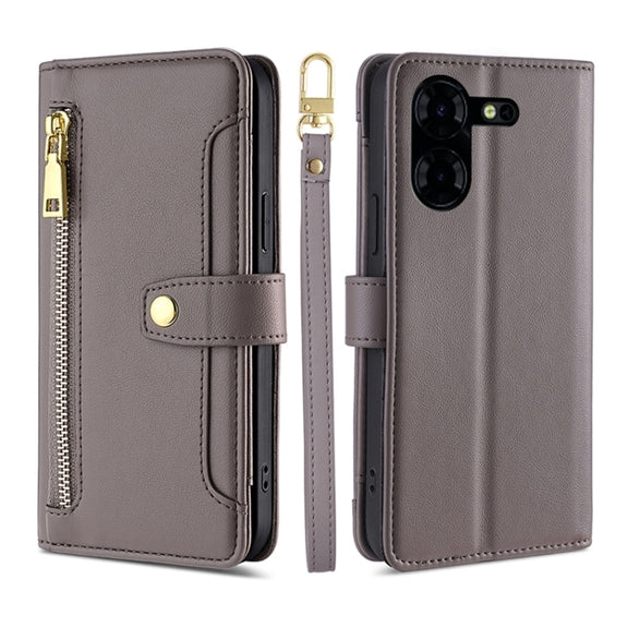 For Tecno Pova 5 Pro Sheep Texture Cross-body Zipper Wallet Leather Phone Case(Grey)