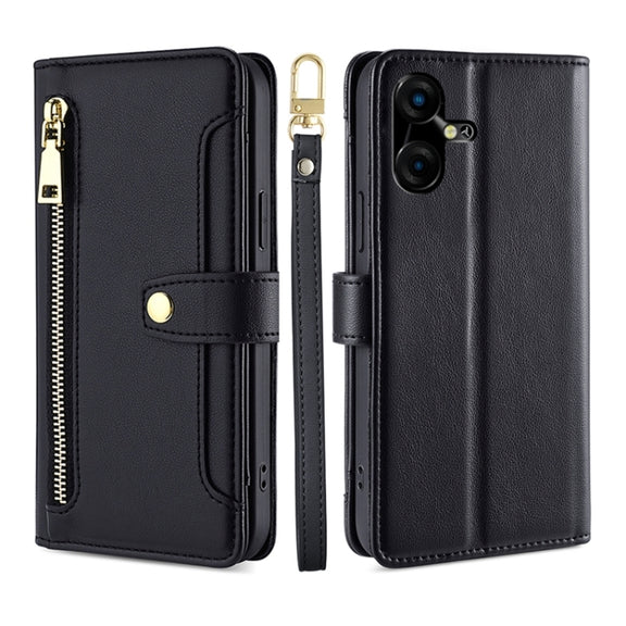 For Tecno Pova Neo 3 Sheep Texture Cross-body Zipper Wallet Leather Phone Case(Black)