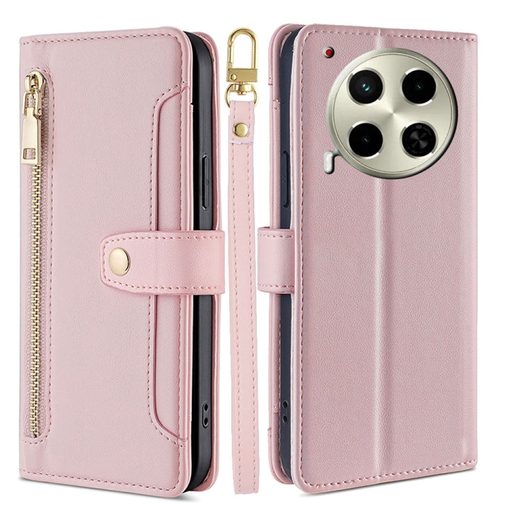For Tecno Camon 30 Sheep Texture Cross-body Zipper Wallet Leather Phone Case(Pink)