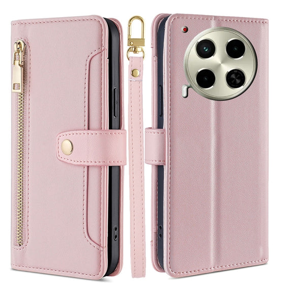 For Tecno Camon 30 Sheep Texture Cross-body Zipper Wallet Leather Phone Case(Pink)