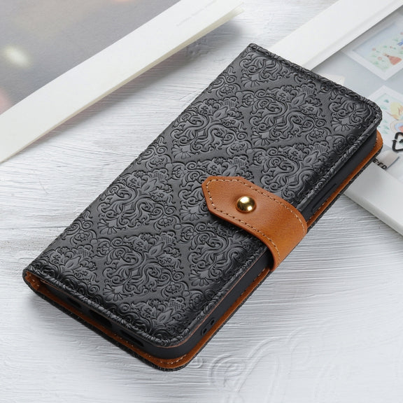 For iPhone 16 Plus European Floral Embossed Leather Phone Case(Black)