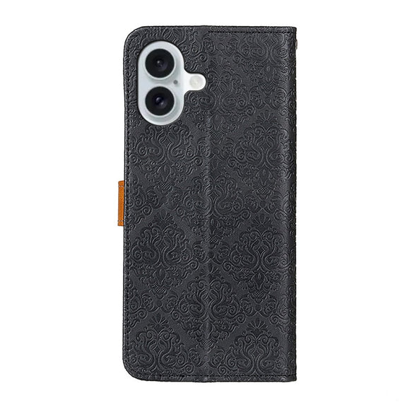 For iPhone 16 Plus European Floral Embossed Leather Phone Case(Black)