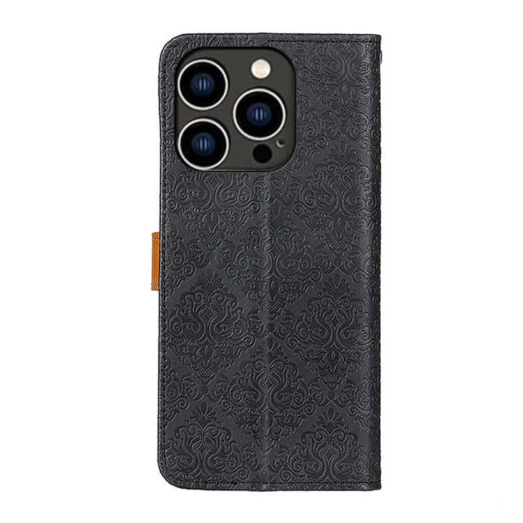 For iPhone 16 Pro European Floral Embossed Leather Phone Case(Black)