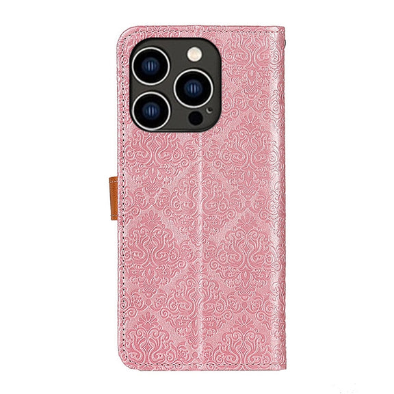 For iPhone 16 Pro Max European Floral Embossed Leather Phone Case(Pink)