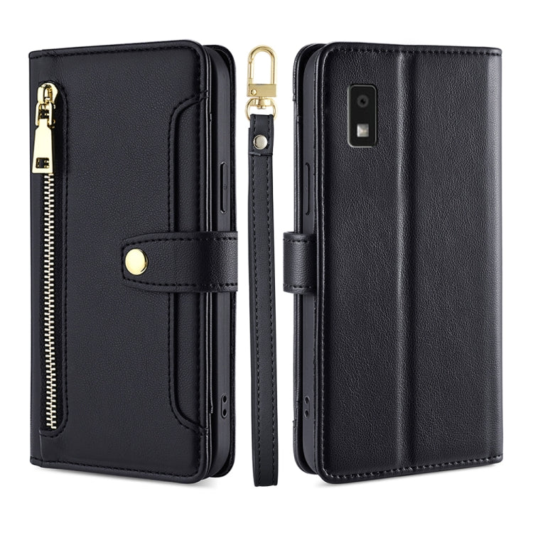For Sharp Aqous Wish3 Sheep Texture Cross-body Zipper Wallet Leather Phone Case(Black)