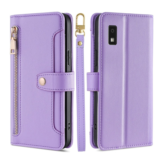 For Sharp Aqous Wish3 Sheep Texture Cross-body Zipper Wallet Leather Phone Case(Purple)