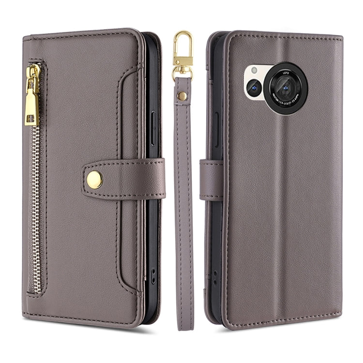 For Sharp Aquos R8 SH-52D Sheep Texture Cross-body Zipper Wallet Leather Phone Case(Grey)