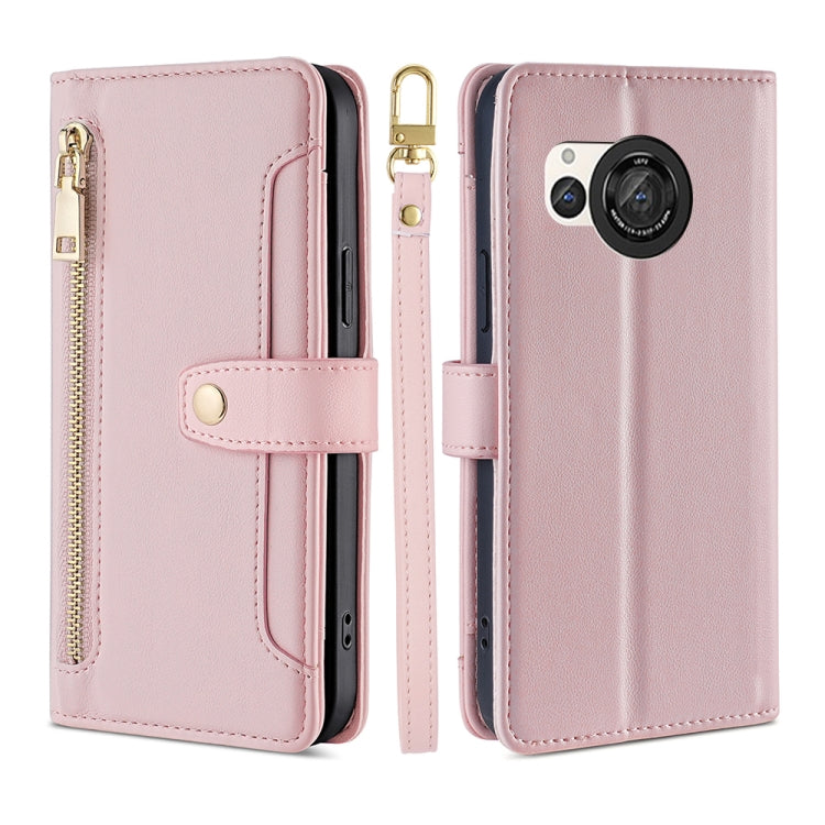 For Sharp Aquos R8 SH-52D Sheep Texture Cross-body Zipper Wallet Leather Phone Case(Pink)