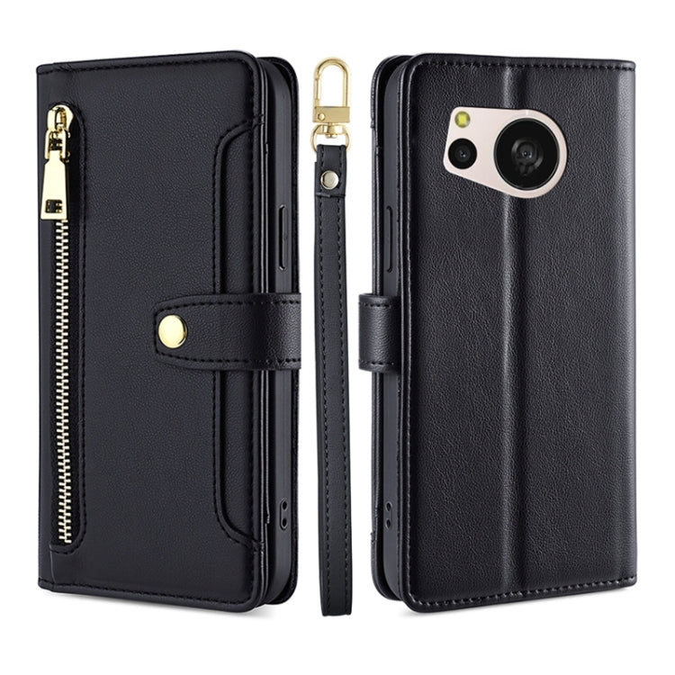 For Sharp Aquos sense8 Sheep Texture Cross-body Zipper Wallet Leather Phone Case(Black)