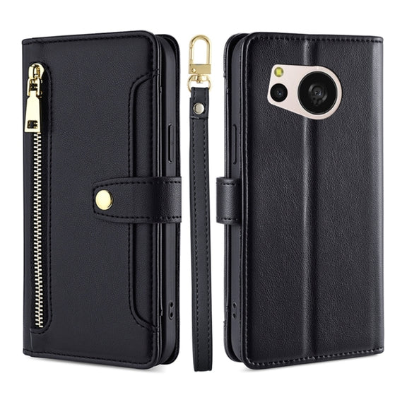 For Sharp Aquos sense8 Sheep Texture Cross-body Zipper Wallet Leather Phone Case(Black)