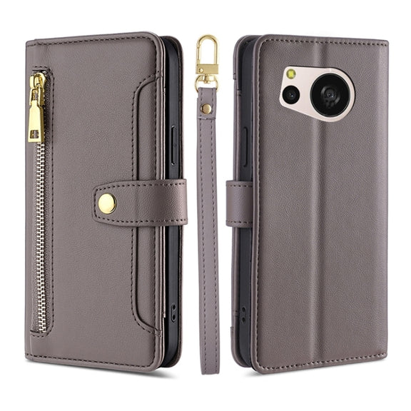 For Sharp Aquos sense8 Sheep Texture Cross-body Zipper Wallet Leather Phone Case(Grey)