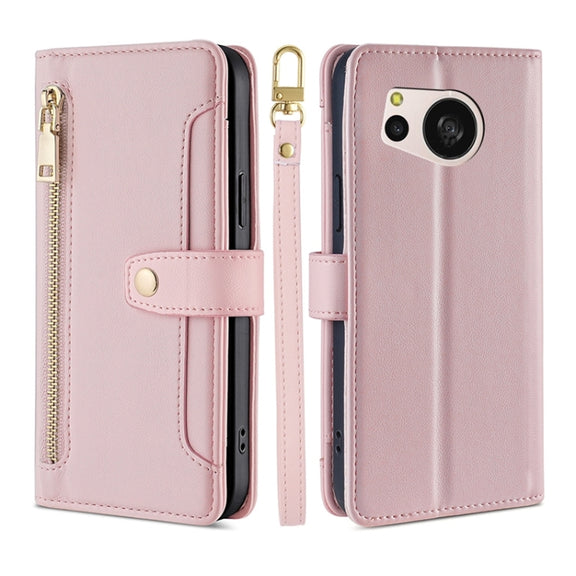 For Sharp Aquos sense8 Sheep Texture Cross-body Zipper Wallet Leather Phone Case(Pink)