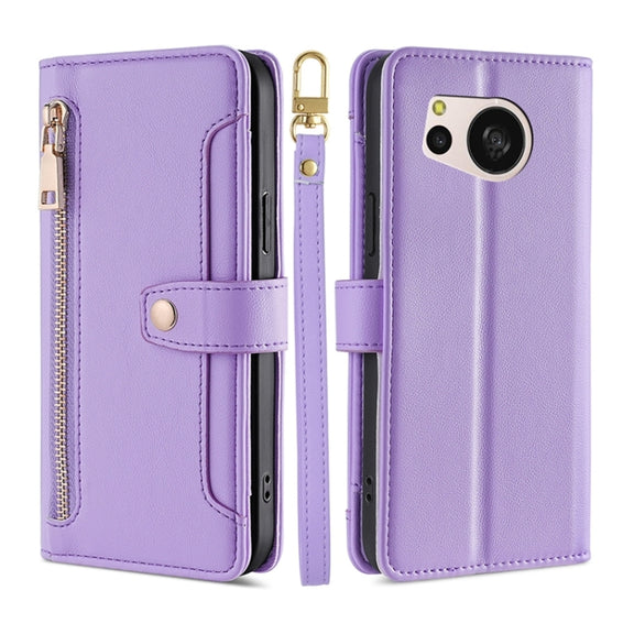 For Sharp Aquos sense8 Sheep Texture Cross-body Zipper Wallet Leather Phone Case(Purple)