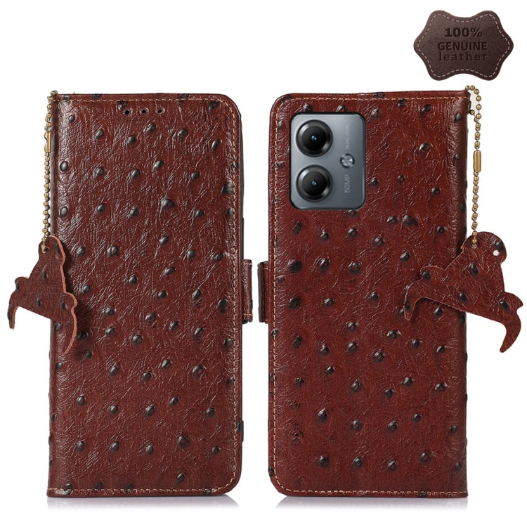 For Motorola Moto G14 4G Ostrich Pattern Genuine Leather RFID Phone Case(Coffee)