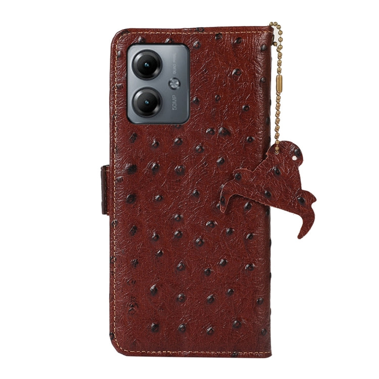 For Motorola Moto G14 4G Ostrich Pattern Genuine Leather RFID Phone Case(Coffee)