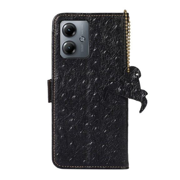 For Motorola Moto G14 4G Ostrich Pattern Genuine Leather RFID Phone Case(Black)