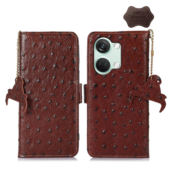 For OnePlus Nord 3 / Ace 2V Ostrich Pattern Genuine Leather RFID Phone Case(Coffee)
